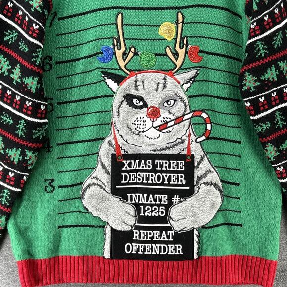 Blizzard Bay Christmas Sweater Cat Mugshot Size L Funny Ugly Xmas Tree Destroyer - Picture 2 of 10